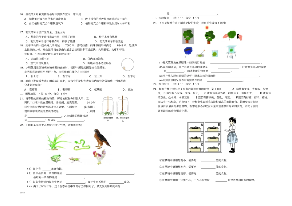 苏科版生物七上第一学期期末试卷_第2页