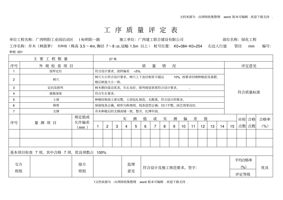 苗木种植乔木工序质量评定表_第1页