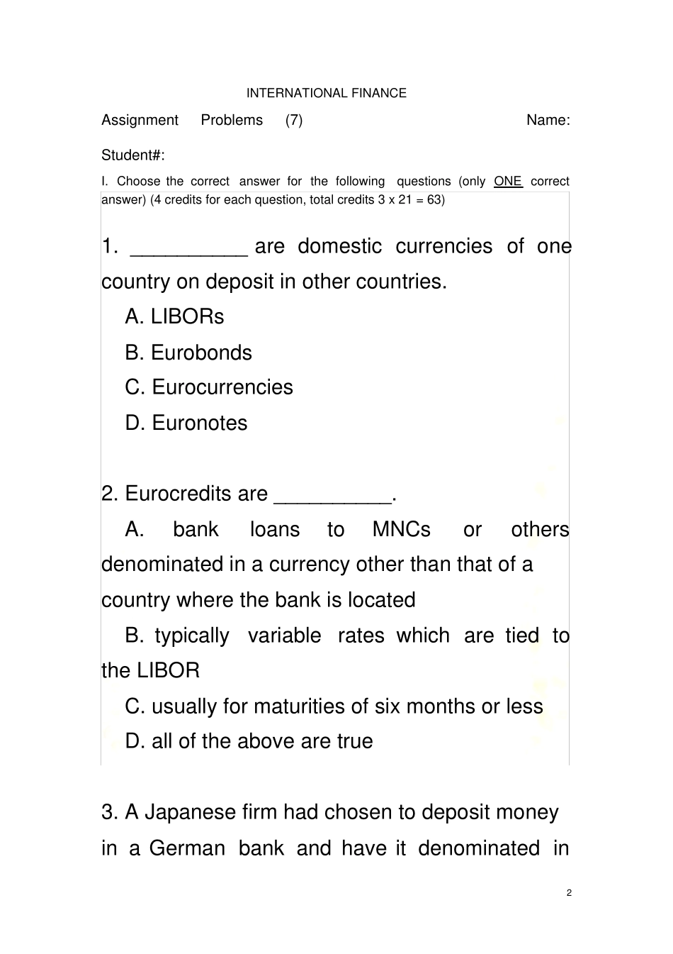 英文版国际金融练习题Chapter-7_第2页
