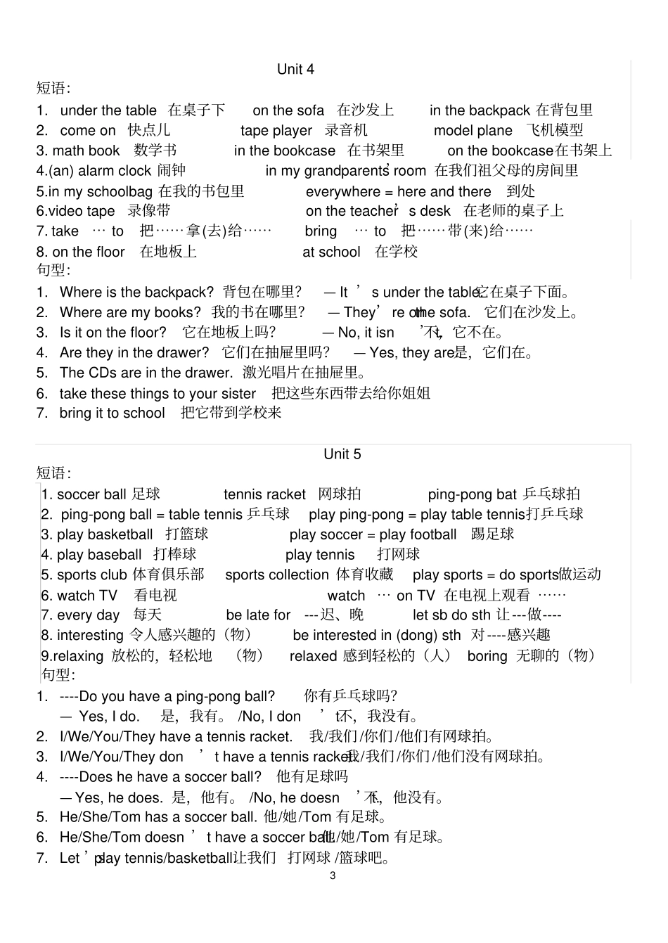 英语七年级上册重点短语及句型归纳_第3页