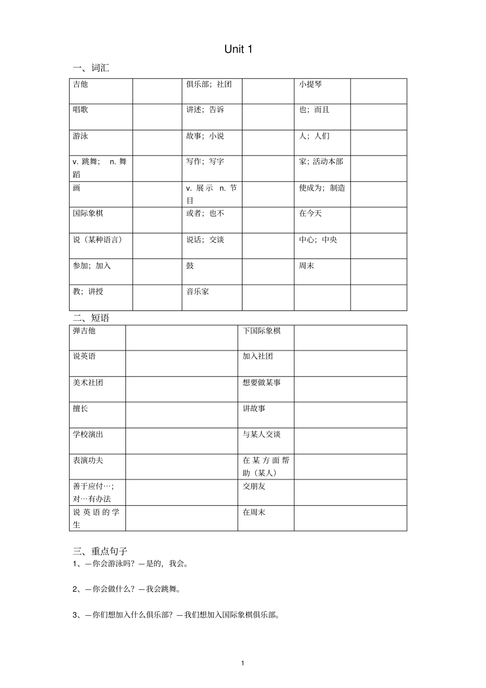 英语七年级下册词汇短语句子检测_第1页