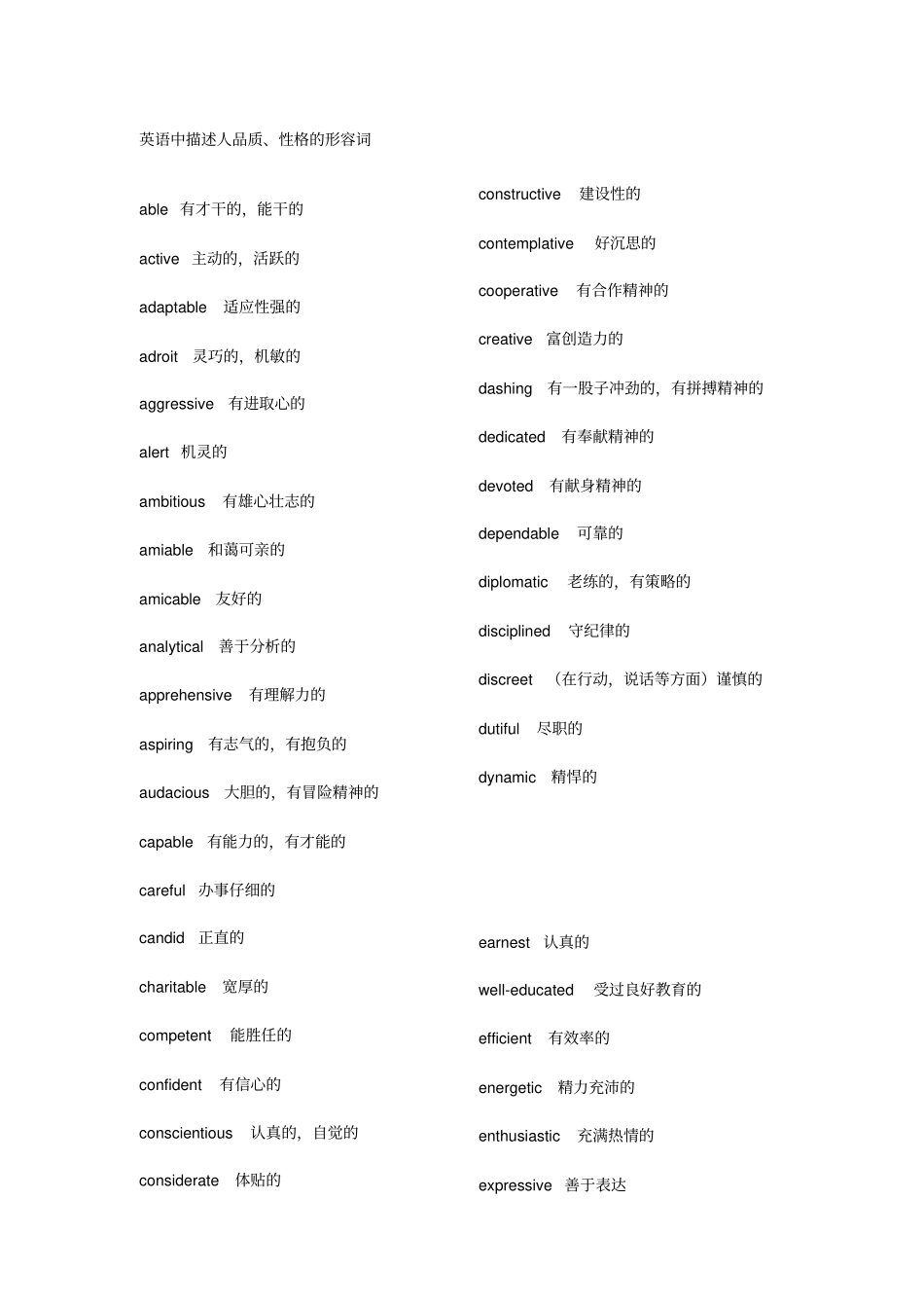英语中描述人品质、性格的形容词大全讲解_第1页