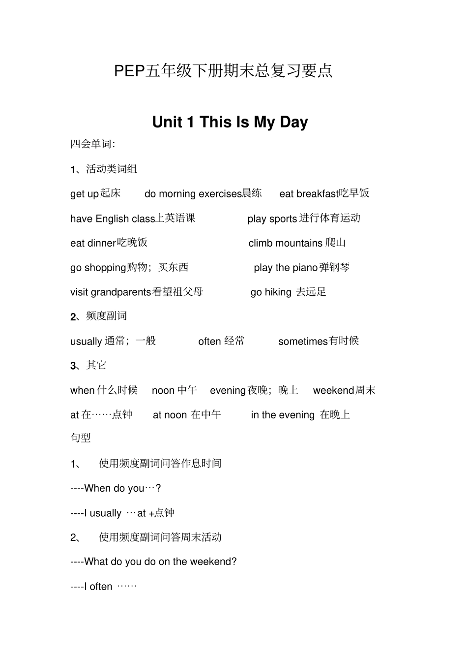 英语五年级下册期末复习要点_第1页
