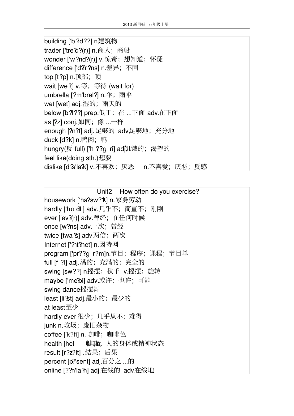 英语人教版八年级上册_教材目录与单词_第2页