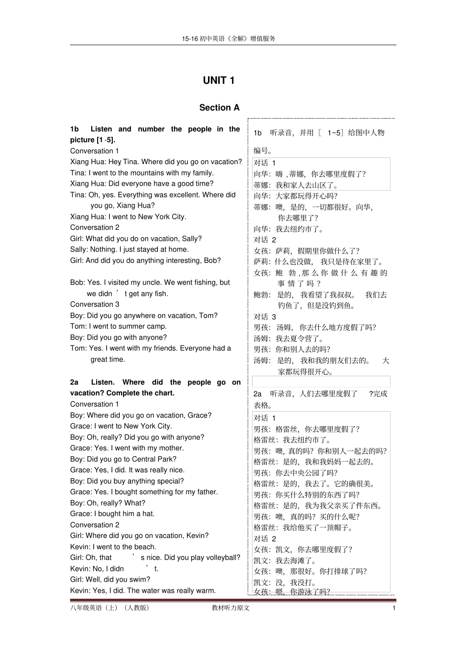 英语八年级上人教版听力原文译文_第1页