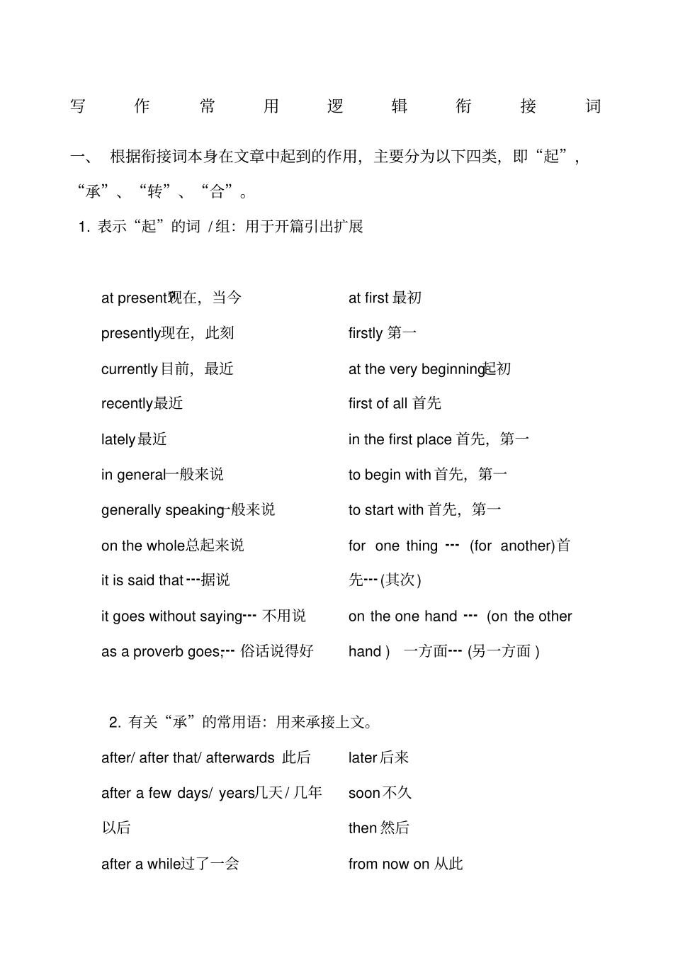 英语写作常用逻辑衔接词起承转合_第1页