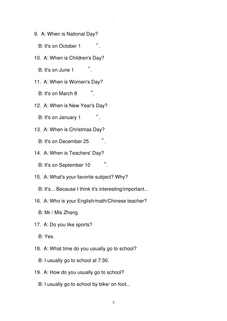 英语口语交际问答训练材料_第2页