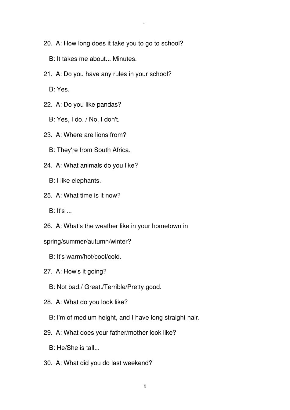 英语口语交际问答训练材料_第3页