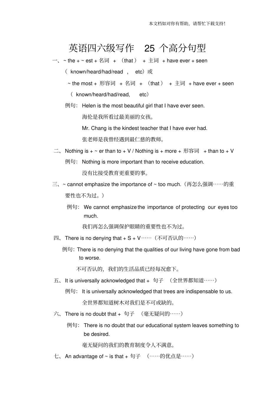 英语四六级写作25个高分句型_第1页