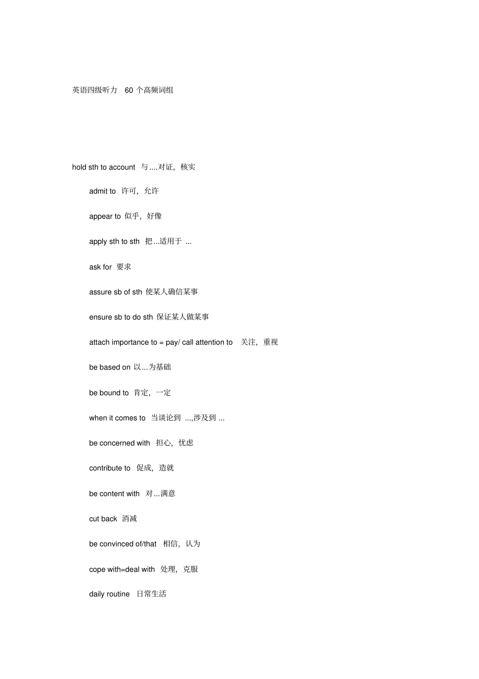 英语四级听力60个高频词组_第1页