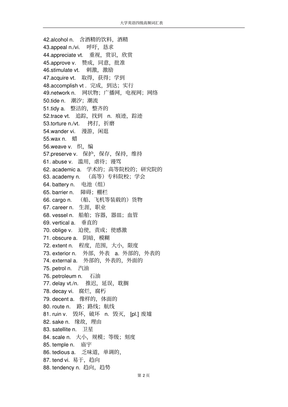 英语四级高频词汇表_第2页