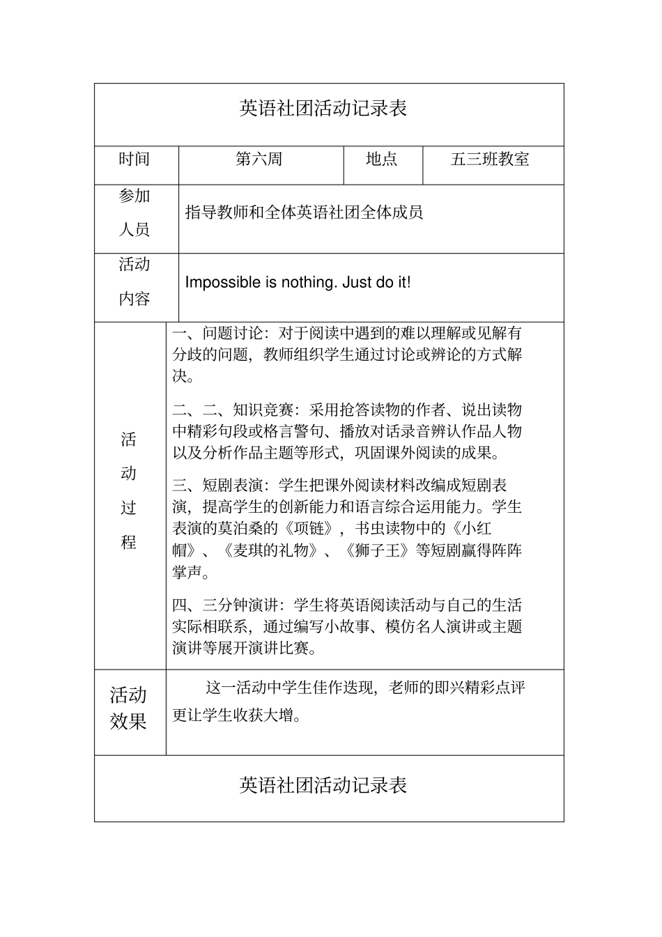 英语社团活动记录表_第1页