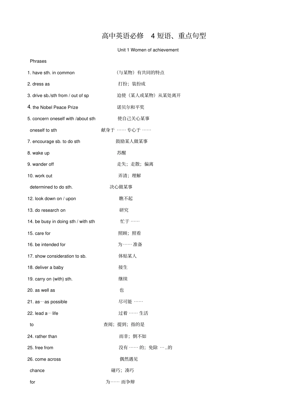 英语：必修4Units1~5短语和重点句型_第1页