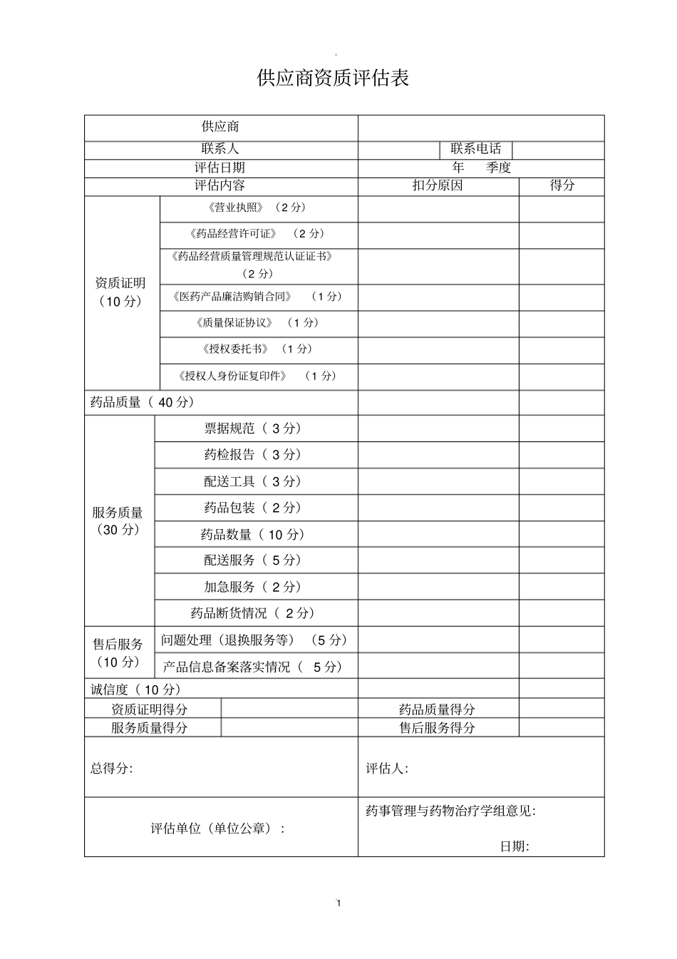 药品供应商评价表_第1页
