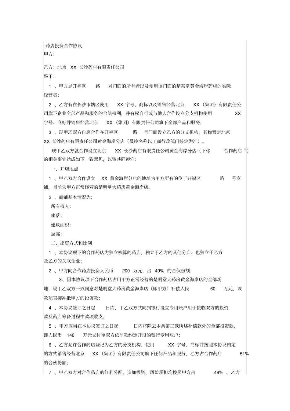 药店投资合作协议_第1页