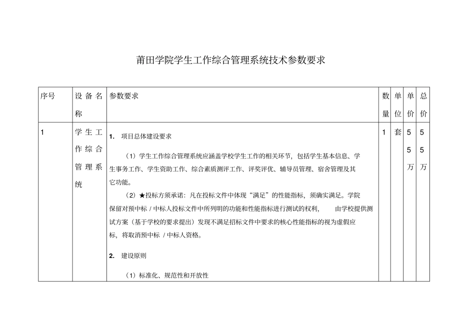 莆田学院学生工作综合管理系统技术参数要求_第1页