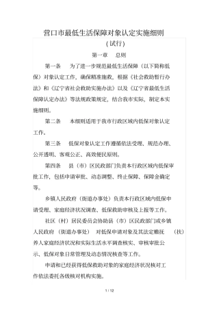 营口最低生活保障对象认定实施细则