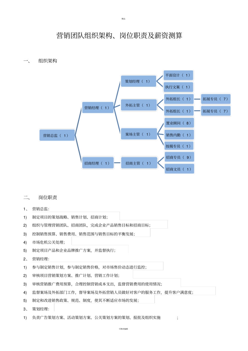 营销团队组织架构、岗位职责及薪资测算_第1页