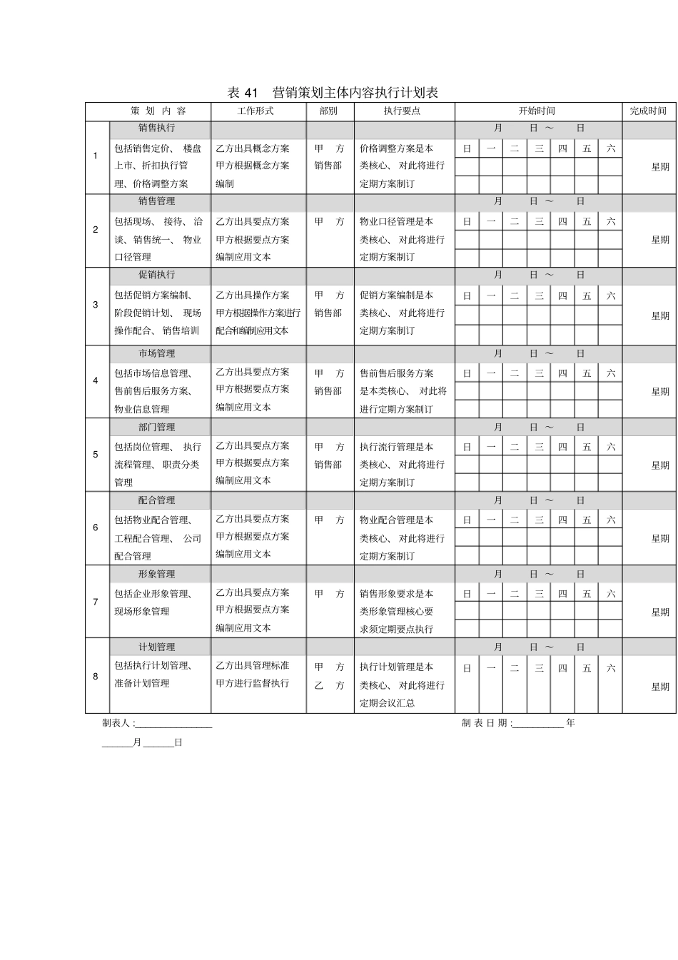 营销策划主体内容执行计划表表格格式_第1页