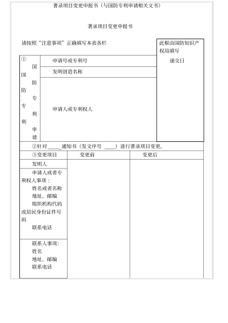 著录项目变更申报书与国防专利申请相关文书