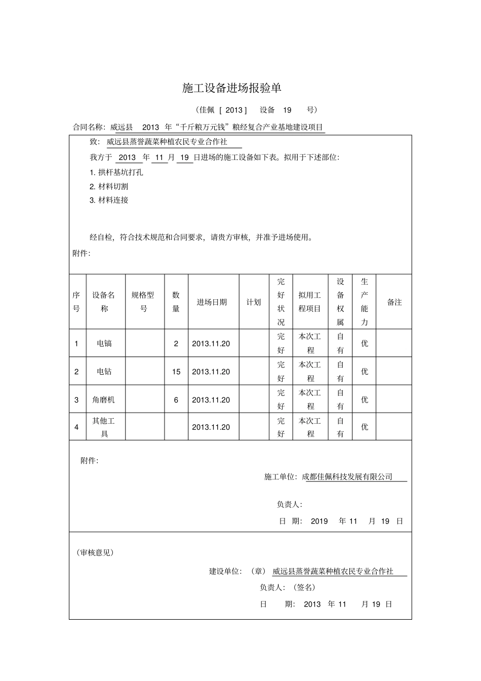 蔬菜标准园蔬菜大棚及节水灌溉项目竣工验收资料表格_第3页