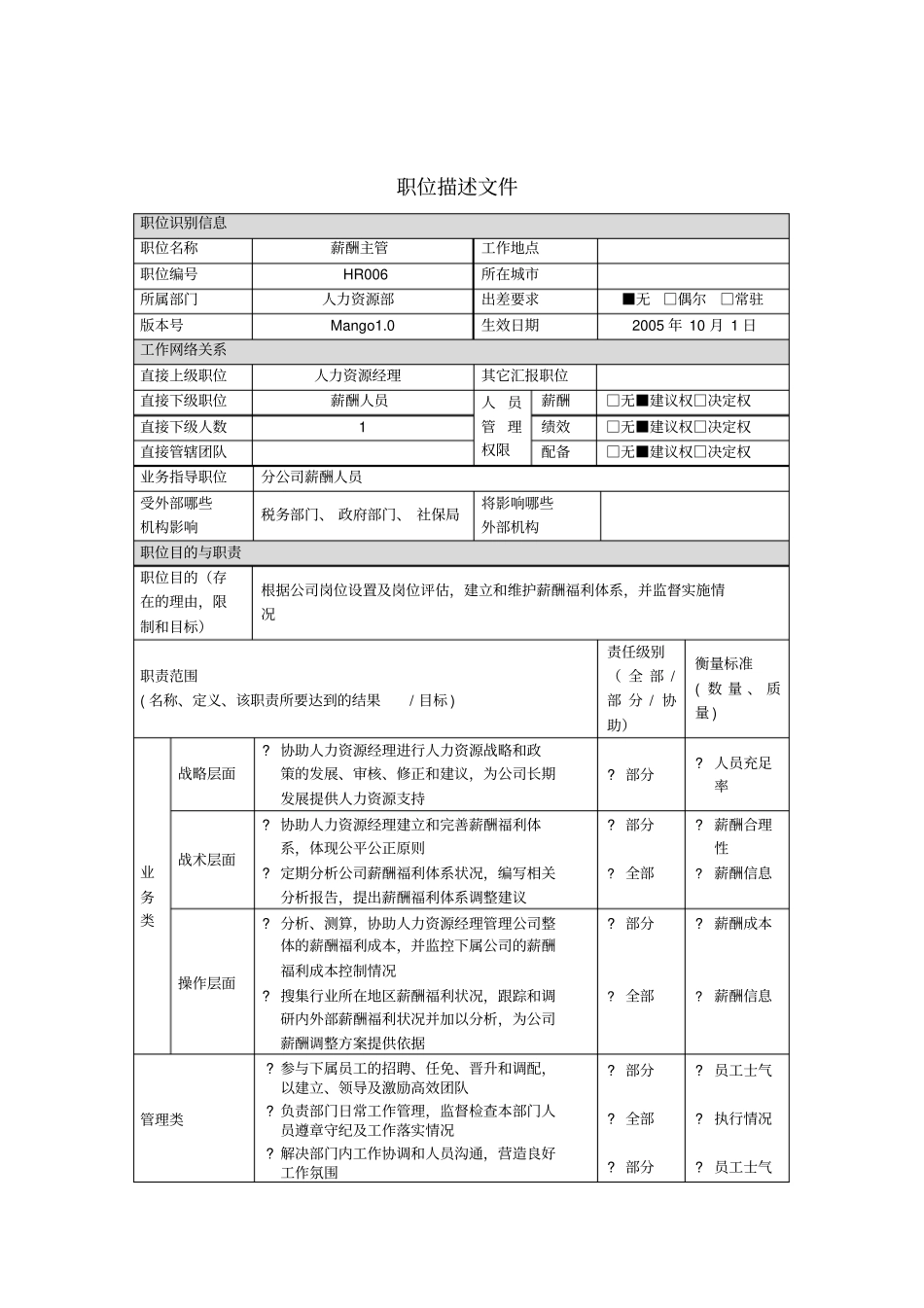 薪酬主管岗位说明书_第1页