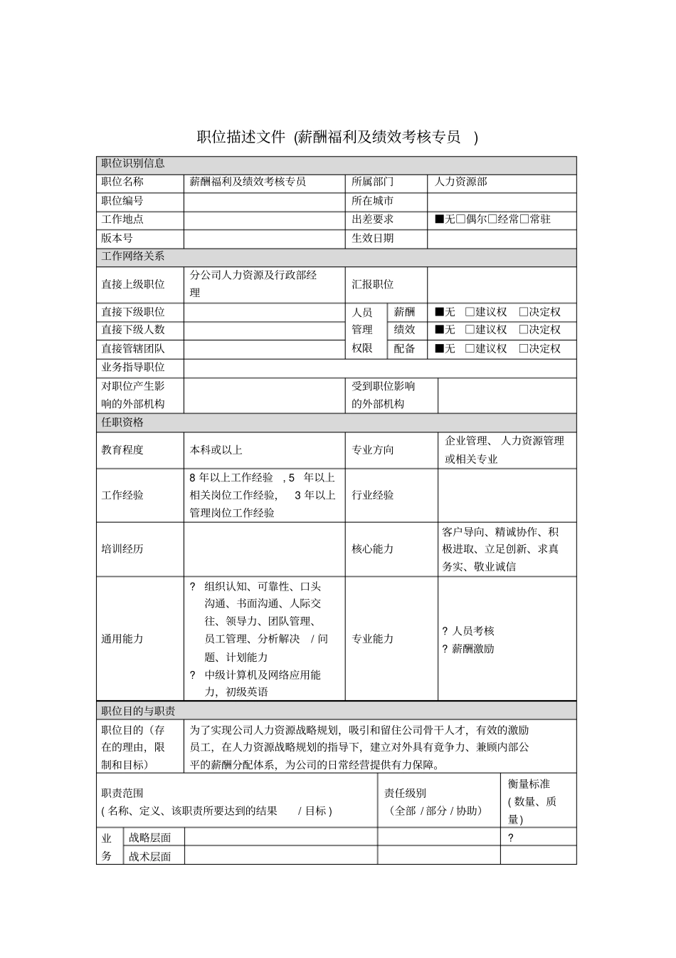 薪酬福利及绩效考核专员岗位说明书_第1页