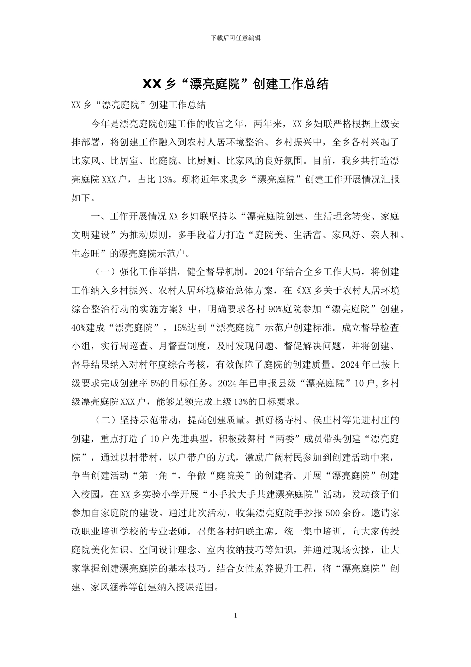 XX乡“美丽庭院”创建工作总结_第1页