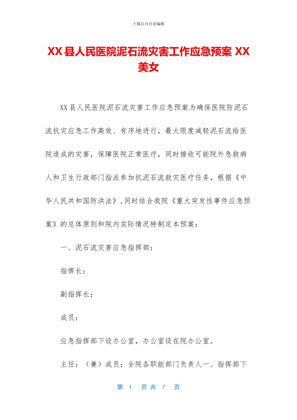 XX县人民医院泥石流灾害工作应急预案_第1页