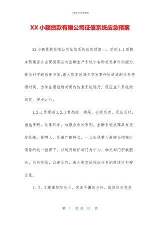 XX小额贷款有限公司征信系统应急预案