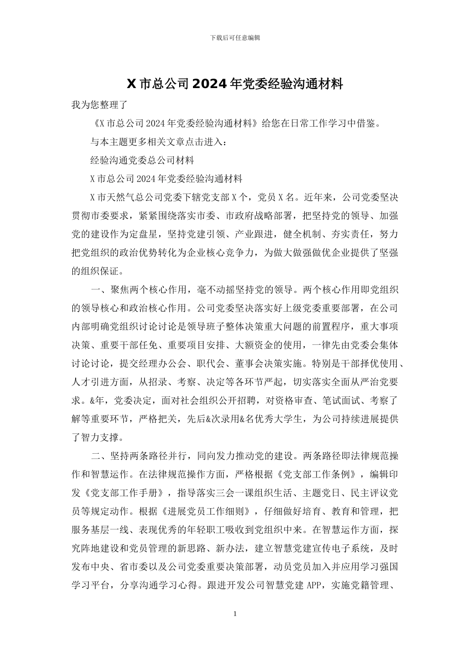 X市总公司2024年党委经验交流材料_第1页