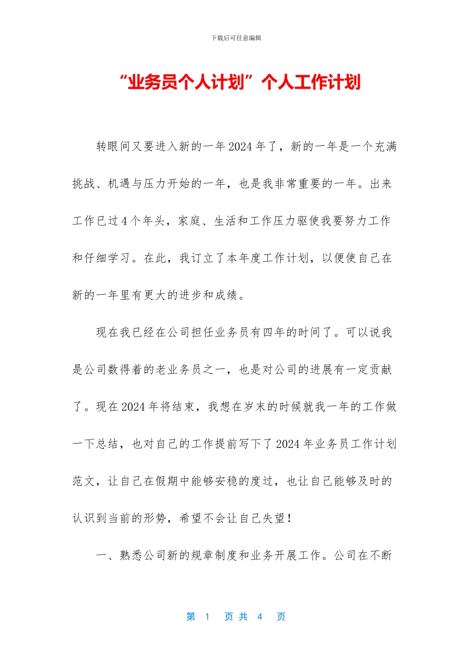 “业务员个人计划”个人工作计划_第1页