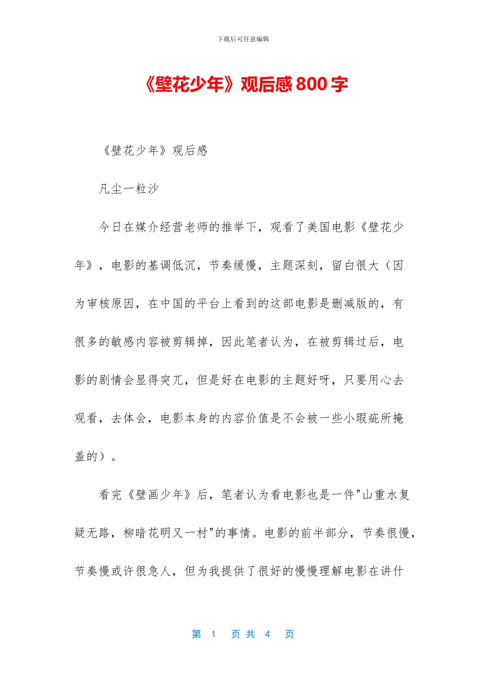 《壁花少年》观后感800字_第1页
