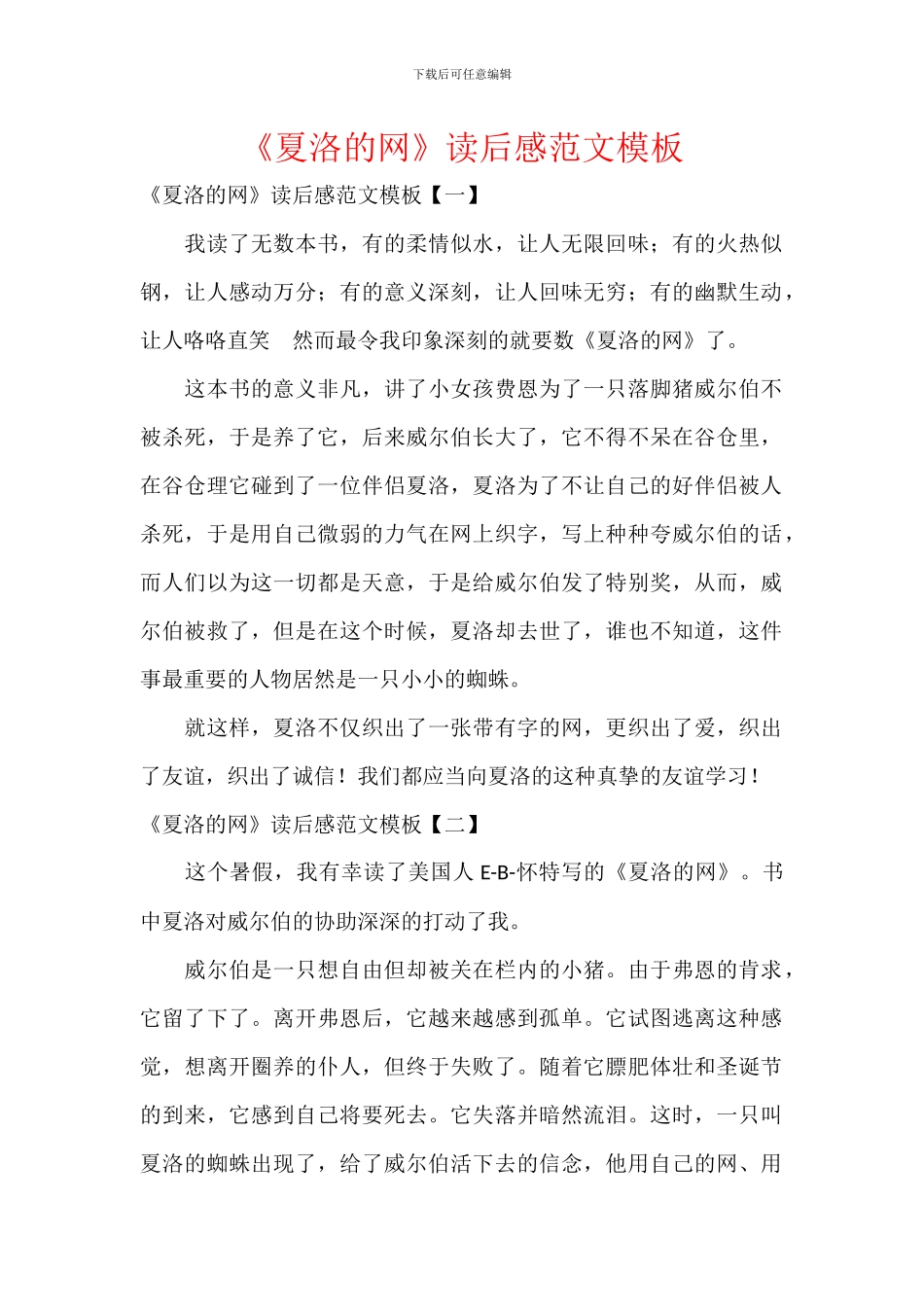 《夏洛的网》读后感范文模板_第1页