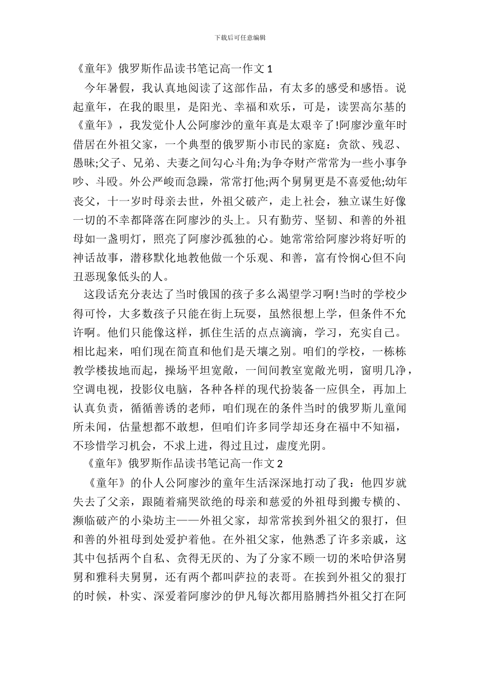 《童年》俄罗斯作品读书笔记高一作文五篇_第2页