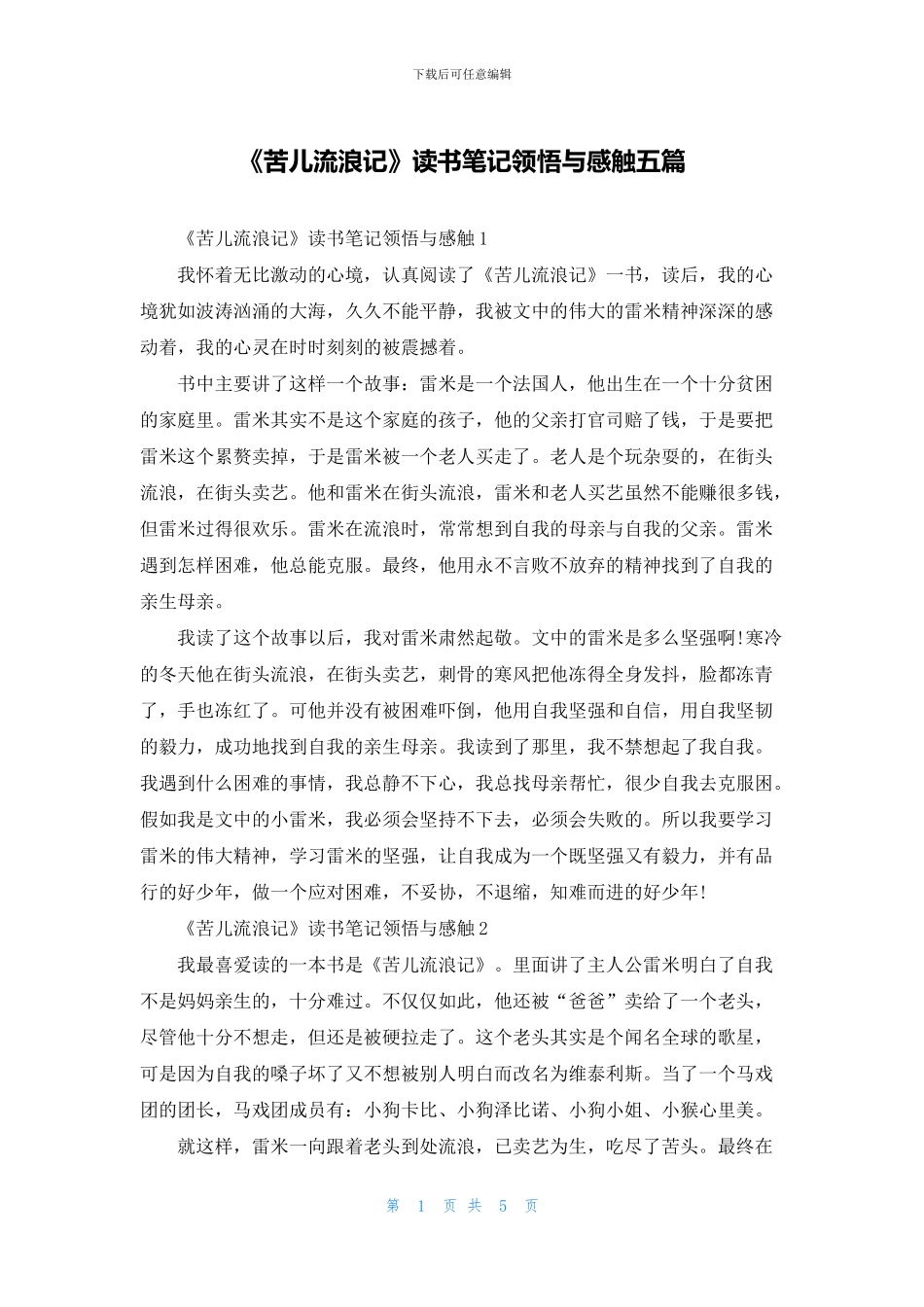 《苦儿流浪记》读书笔记领悟与感触五篇_第1页