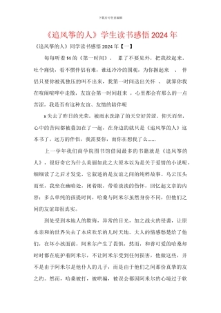 《追风筝的人》学生读书感悟2024年