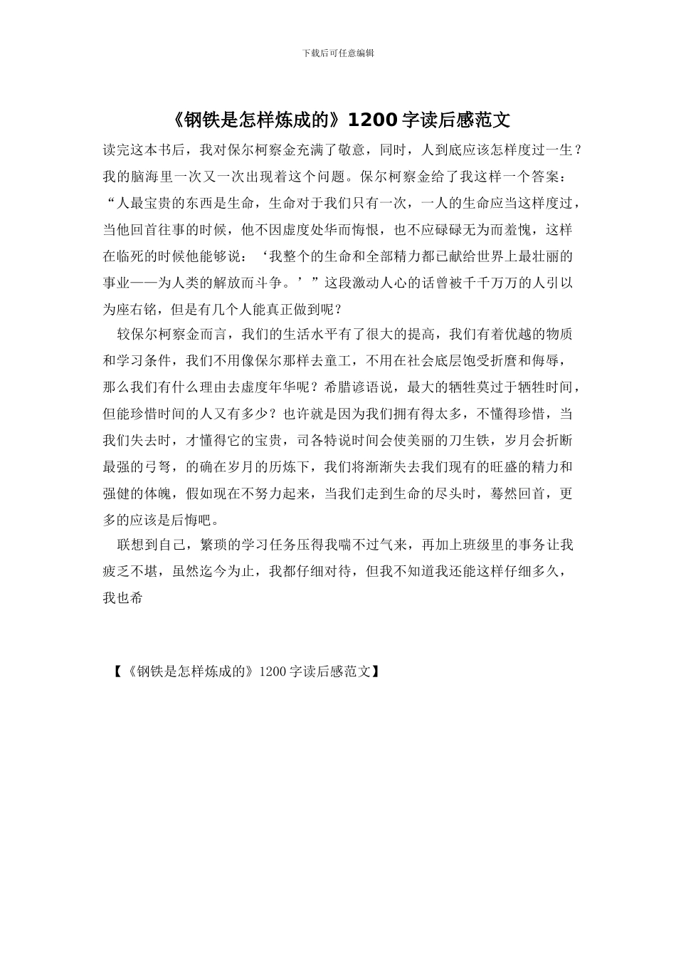 《钢铁是怎样炼成的》1200字读后感范文_第1页