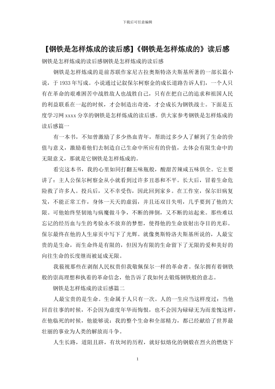 《钢铁是怎样炼成的》读后感_第1页