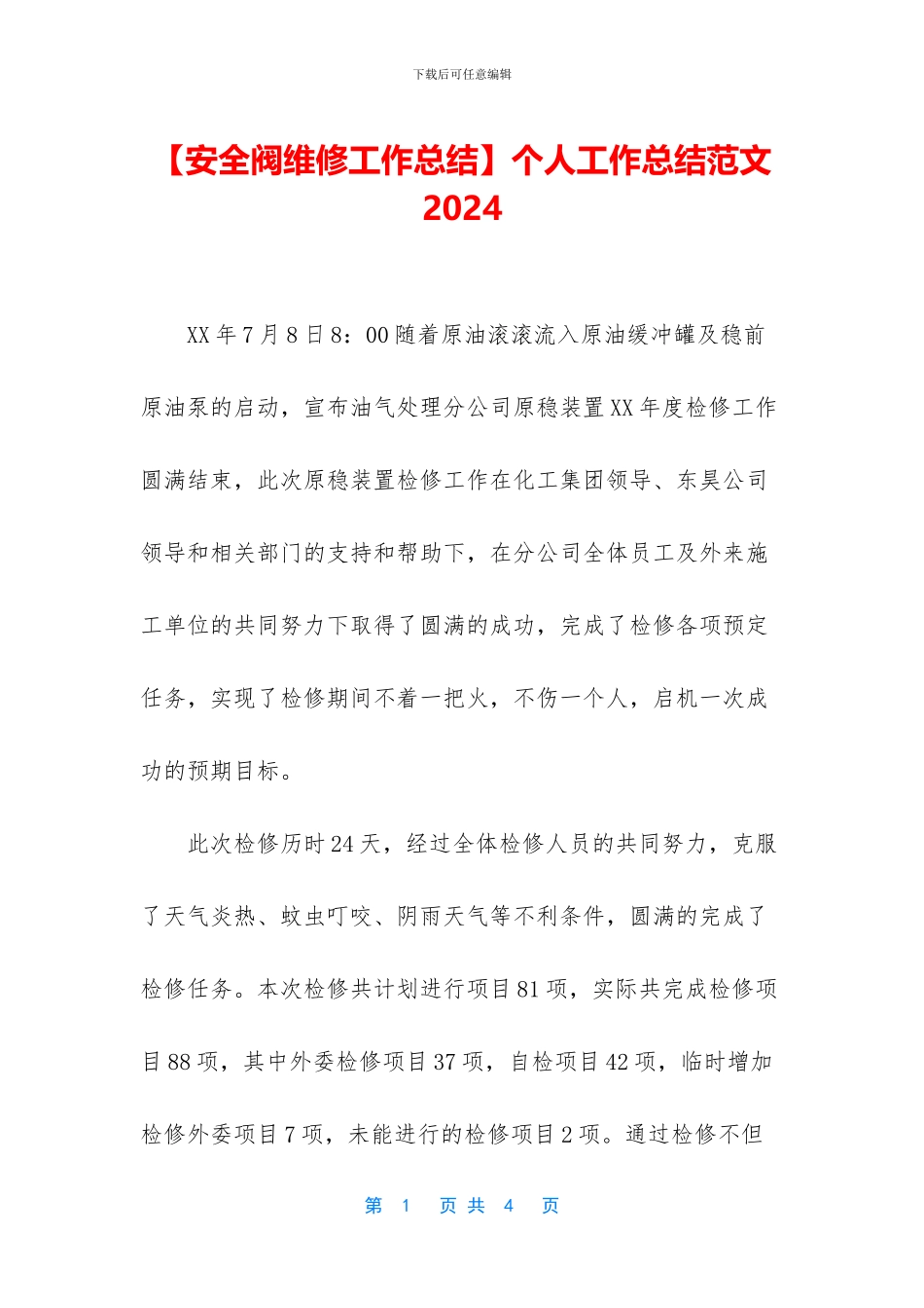 【安全阀维修工作总结】个人工作总结范文2024_第1页