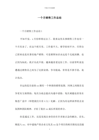 一个月销售工作总结
