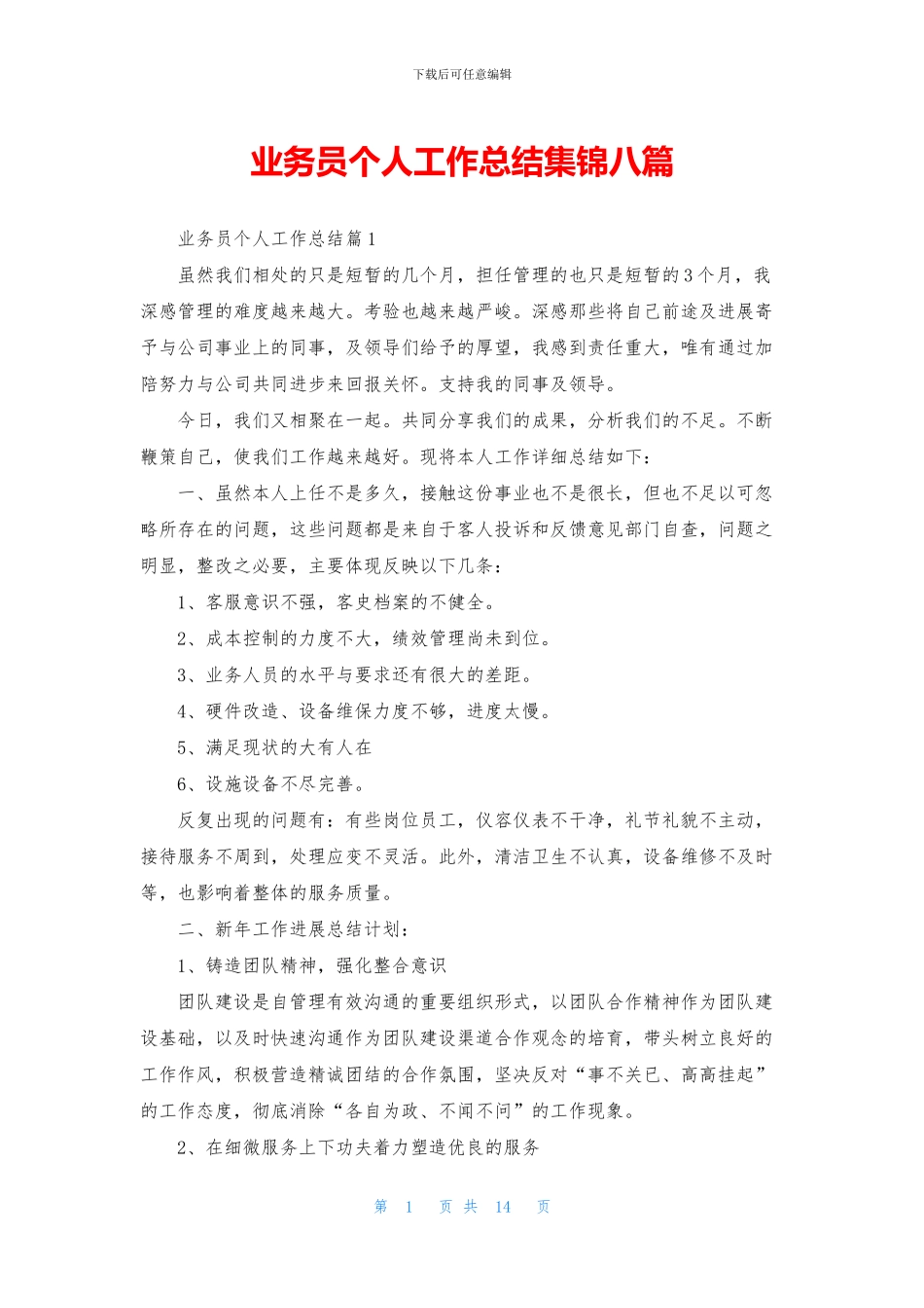 业务员个人工作总结集锦八篇_第1页
