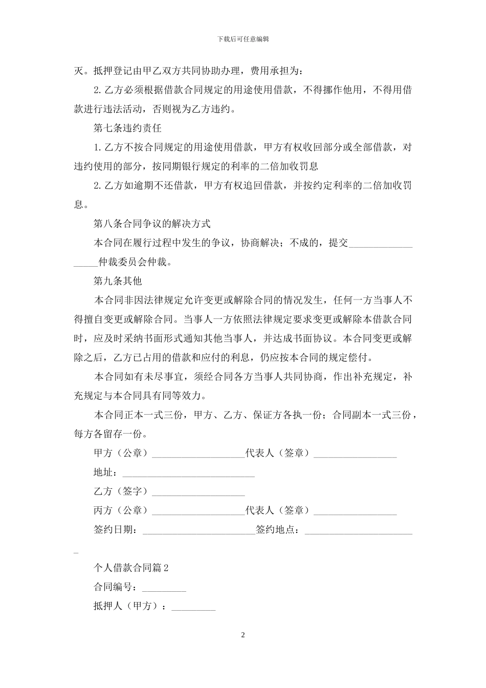 个人借款合同范文合集九篇_第2页
