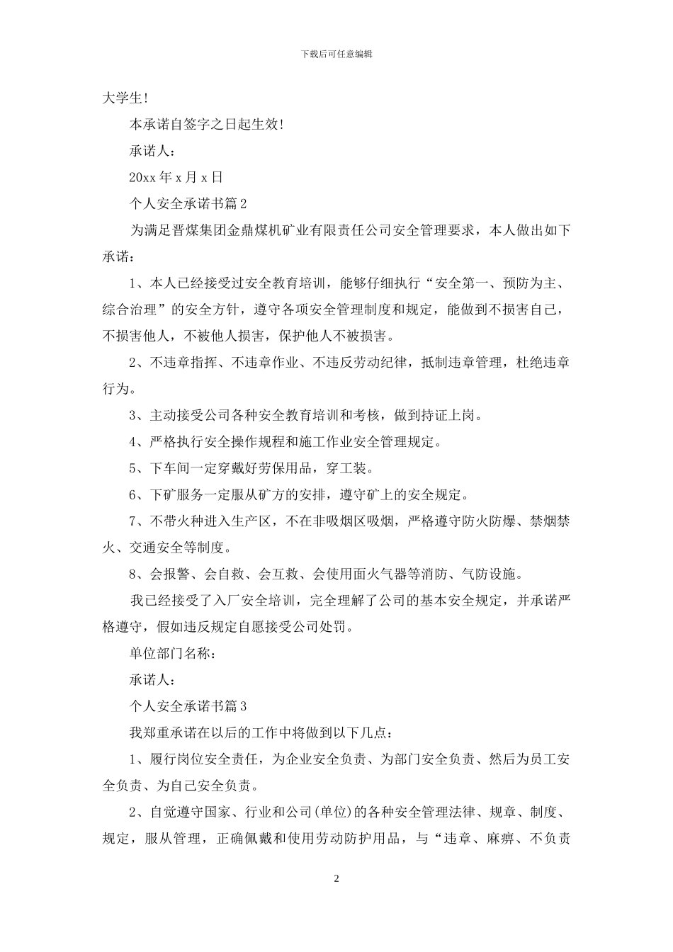 个人安全承诺书模板集锦10篇_第2页