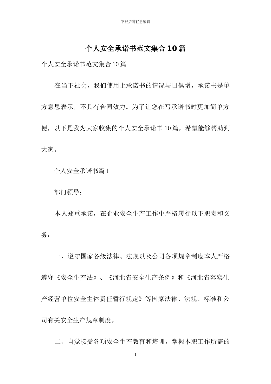 个人安全承诺书范文集合10篇_第1页