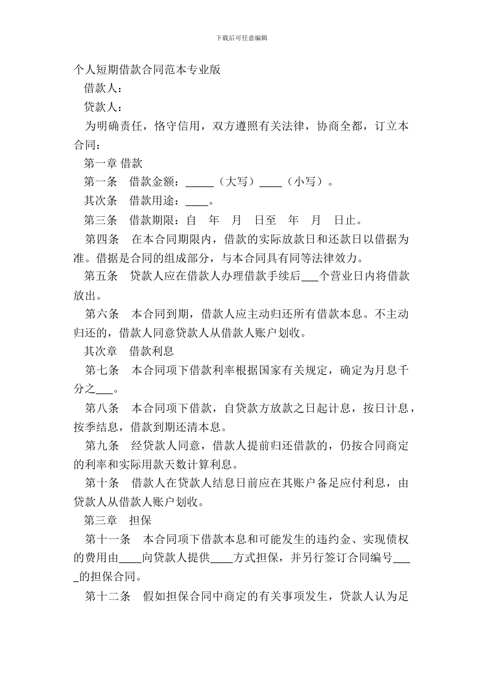 个人短期借款合同范本专业版_第2页