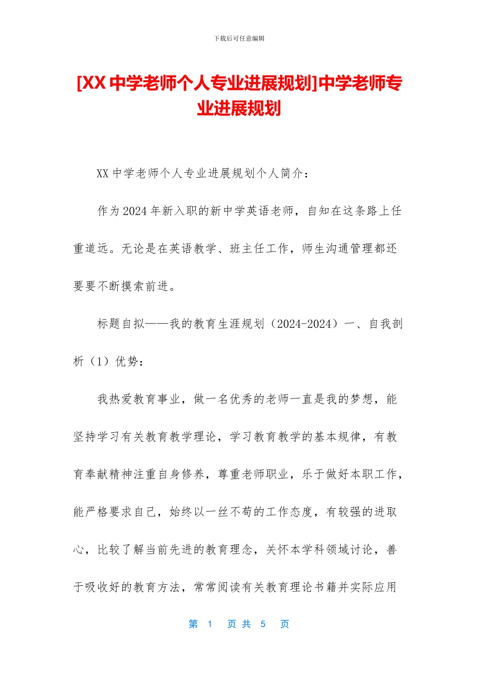 中学教师专业发展规划_第1页