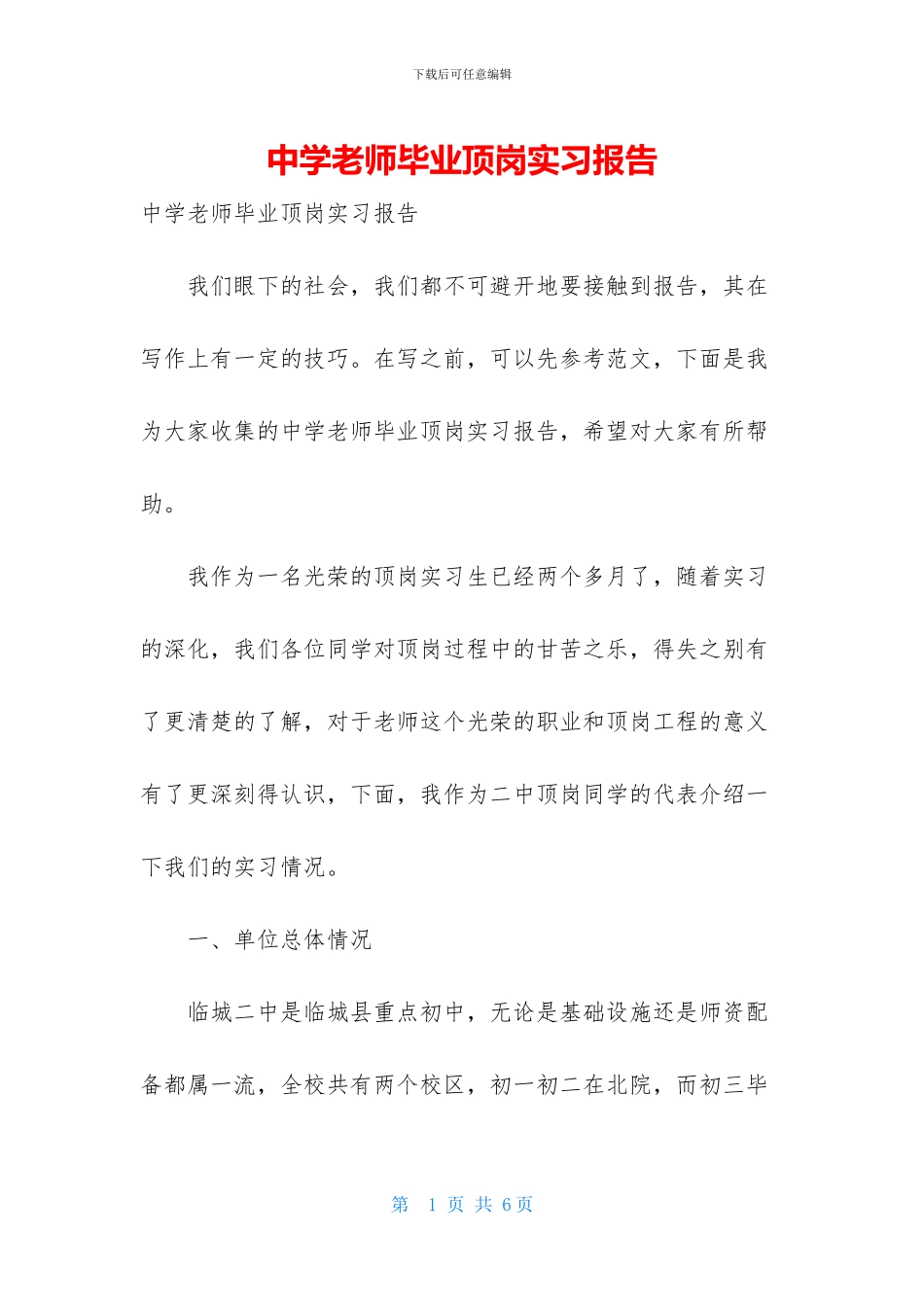 中学教师毕业顶岗实习报告_第1页