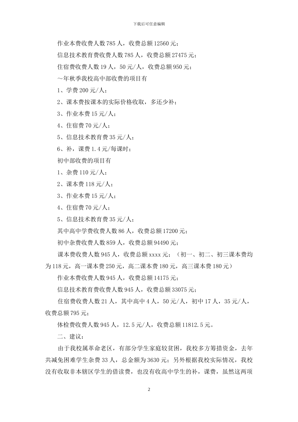 中学教育收费情况自查报告范文_第2页