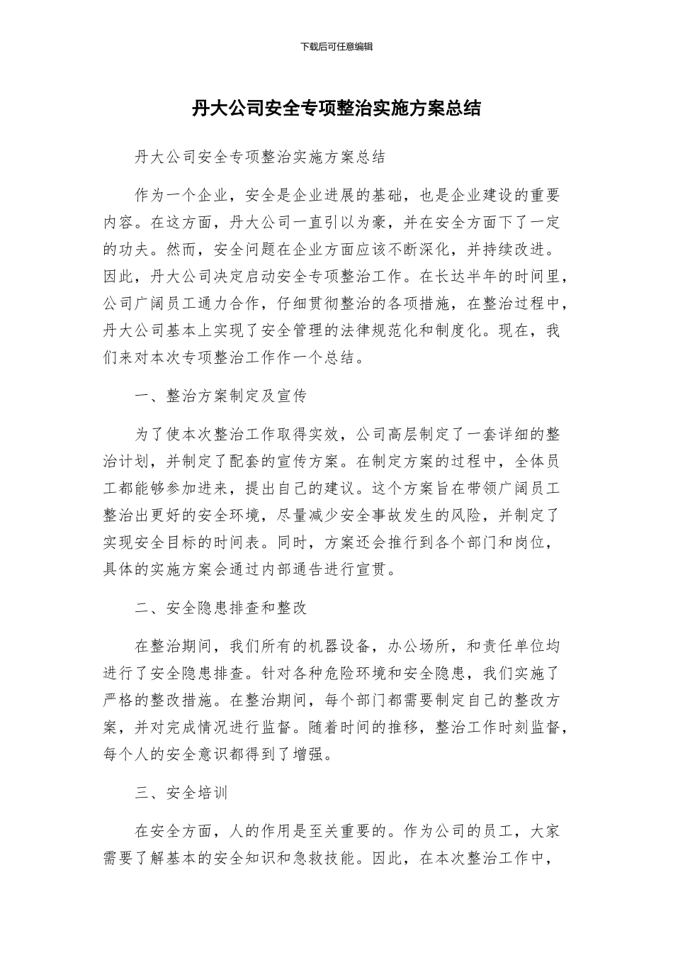 丹大公司安全专项整治实施方案总结_第1页